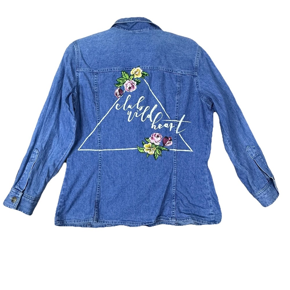 VTG 90s Old School Denim Co. Women's 8 Blue Jean Shirt Floral Graphic Zip Front‎